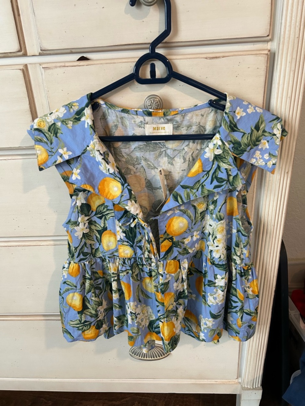 Maeve Anthropologie Lemon Print Ruffle Top Blue Floral Citrus Blouse